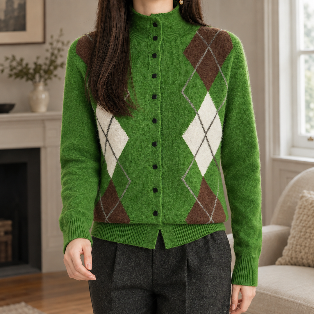 Women's Argyle Mock Neck Button-Through Cardigan – Wenna