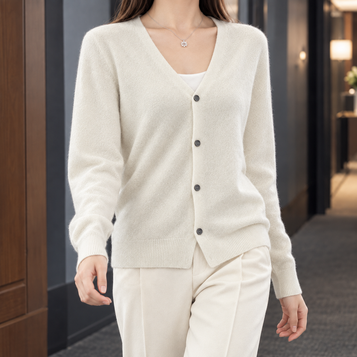 Fflur Women's fine wool knit v-neck button-through cardigan, view 6 - Elena Harper
