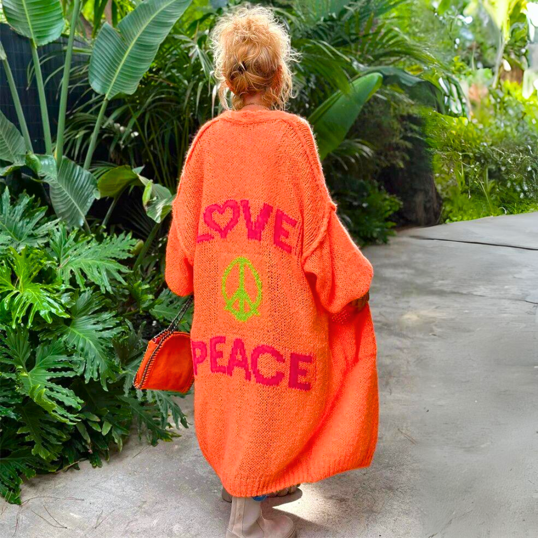 Ladies Long Oversized Cardigan with Love Peace Print on Back