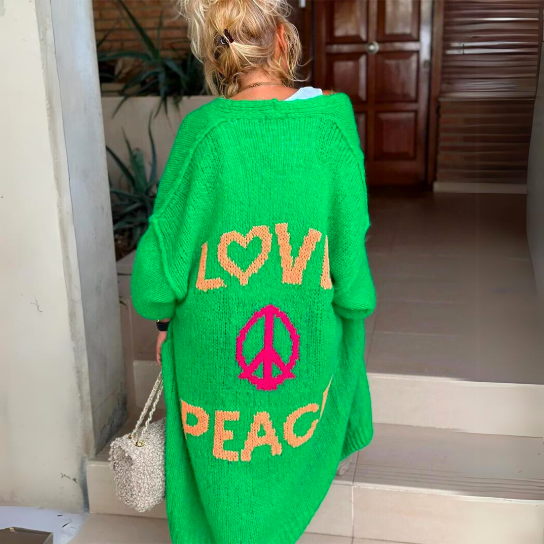 Ladies Long Oversized Cardigan with Love Peace Print on Back