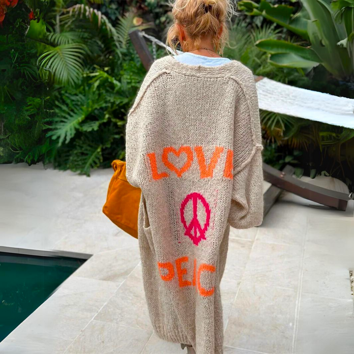 Ladies Long Oversized Cardigan with Love Peace Print on Back