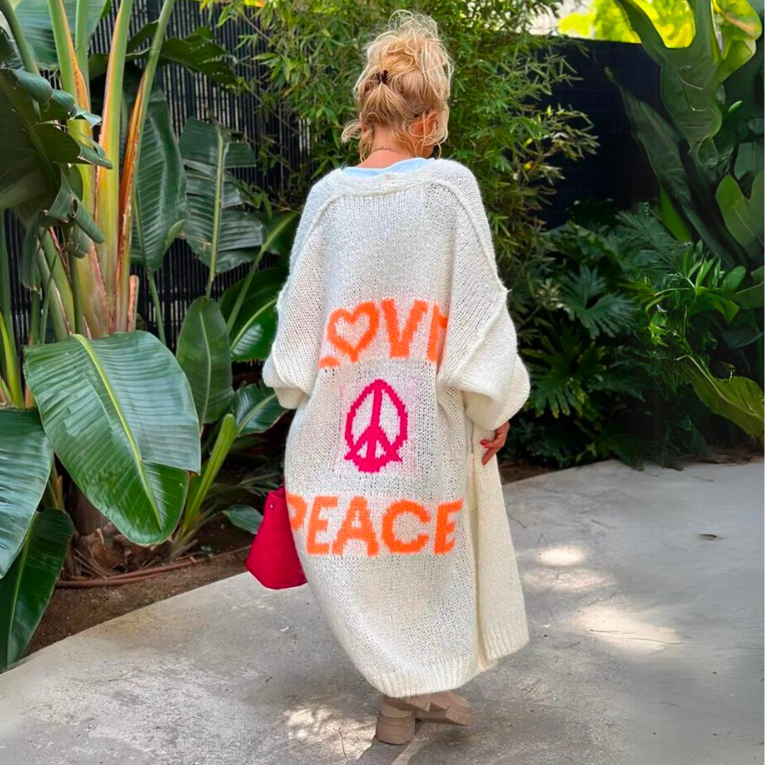 Ladies Long Oversized Cardigan with Love Peace Print on Back