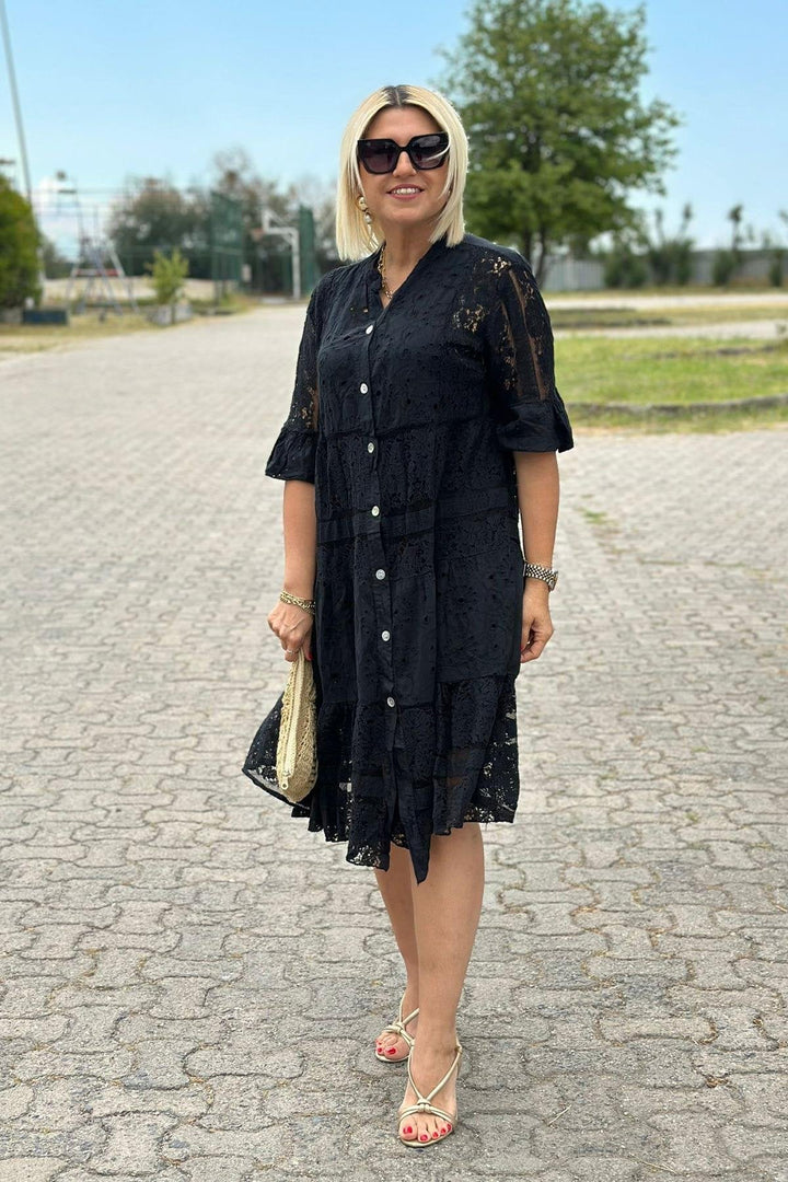 Women's A-Line Dress with Three-Quarter Sleeves and Front Buttons, view 2 - Elena Harper