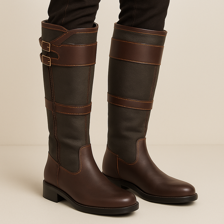 Stylish Women's High Leather Boots with Buckle Details