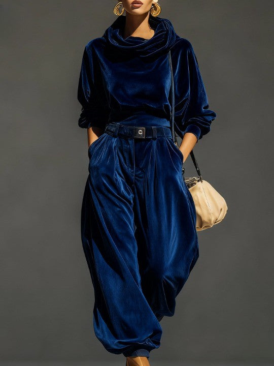 Women's Retro Hoodie Set with Wide Pants and Belt
