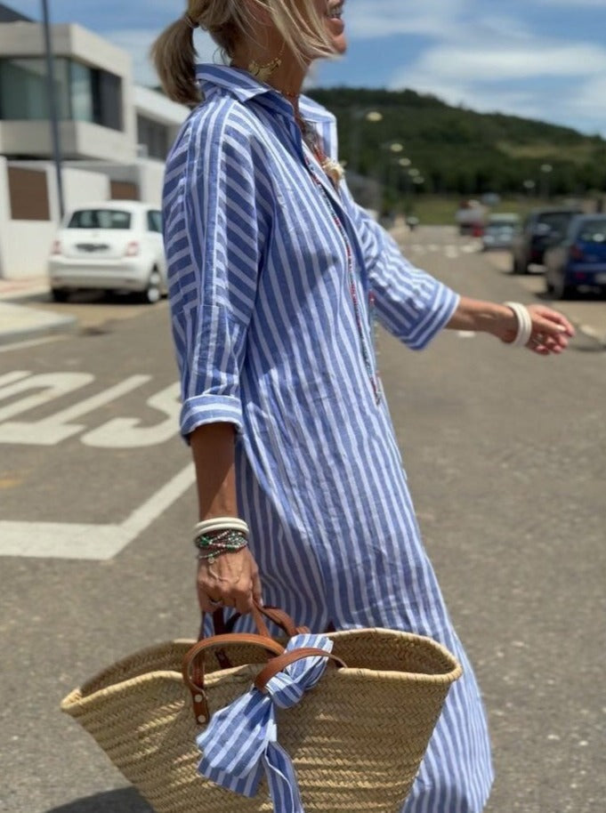 Striped Midi Shirt Dress with Long Sleeves for Women
