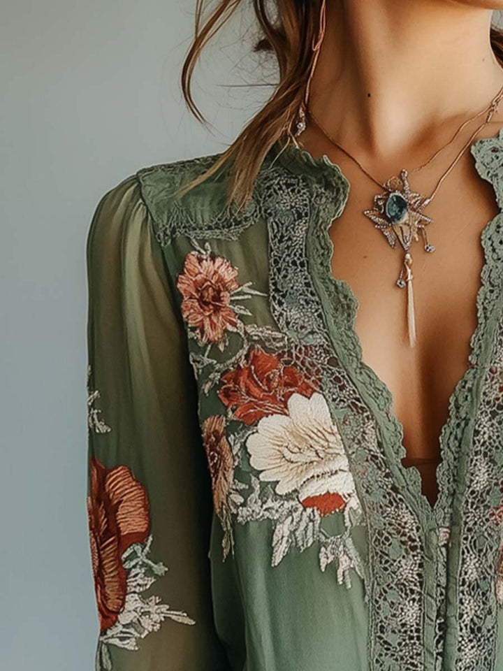 Bohemian Floral Lace Blouse for Women – Elegant Fitted V-Neck Top