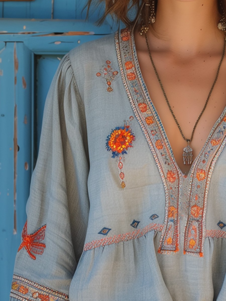 Violet | Women Bohemian Embroidered V Neck Blouse