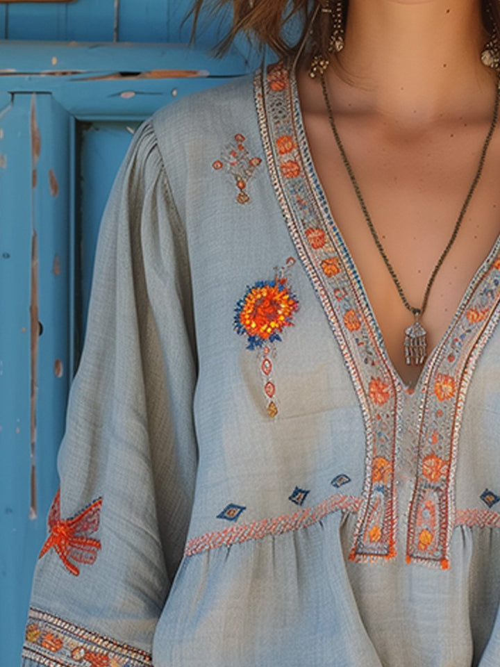 Violet | Women Bohemian Embroidered V Neck Blouse