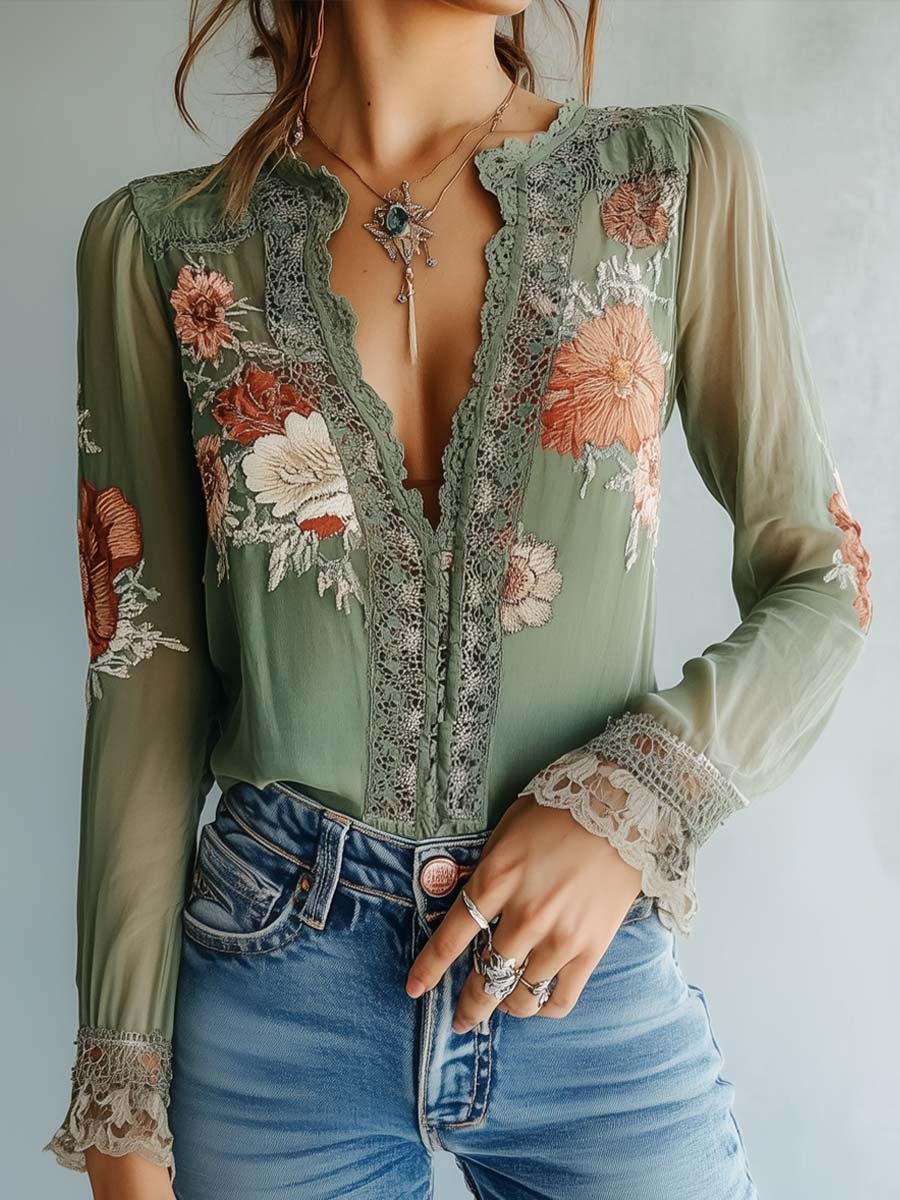 Bohemian Floral Lace Blouse for Women – Elegant Fitted V-Neck Top