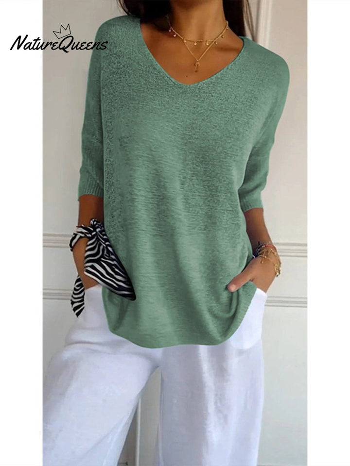 Women's Solid Color Knitted 3/4 Sleeve V-neck Top