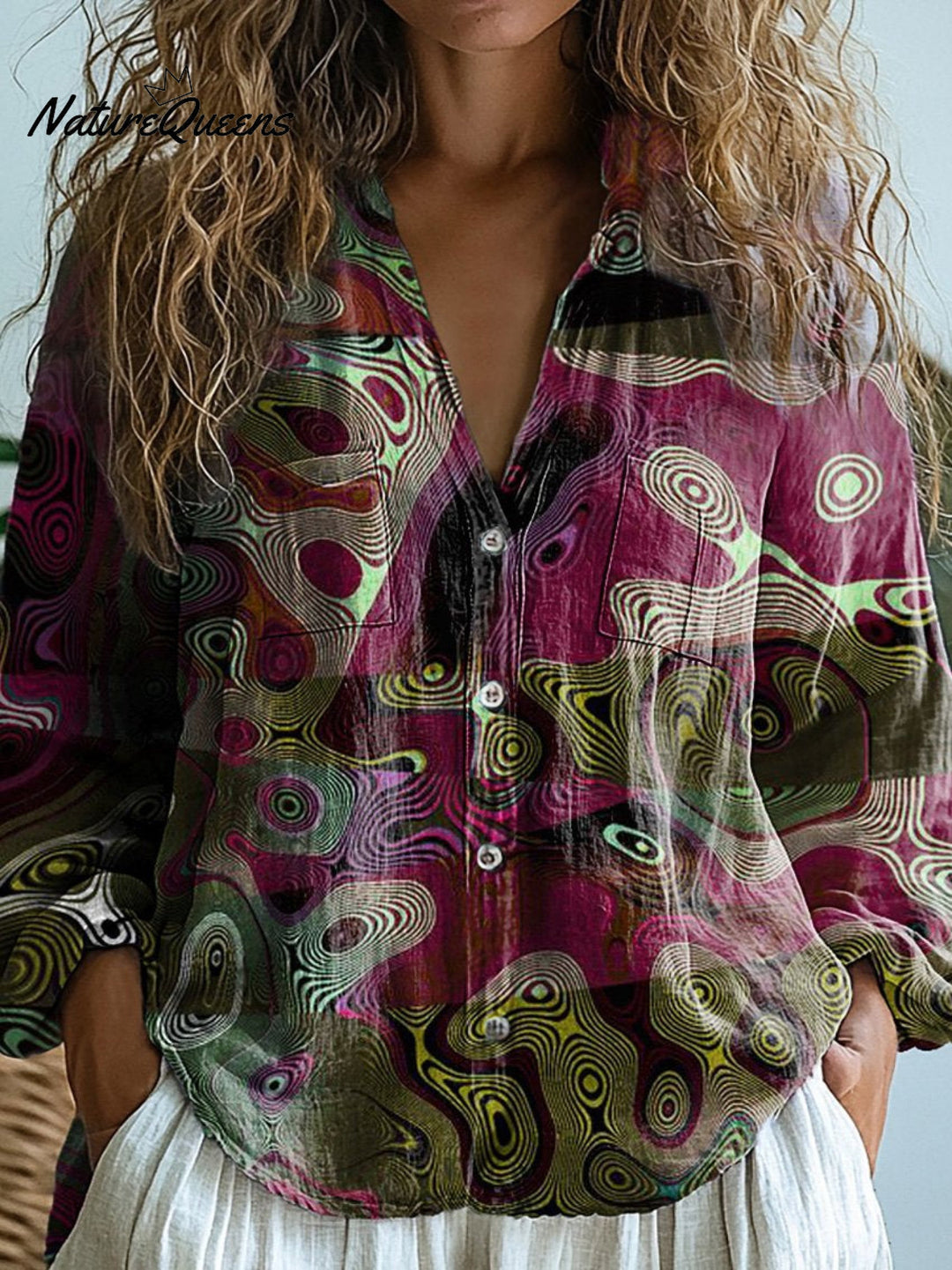 Abstract Shape And Line Pattern Printed Women's Casual Long Sleeve Comfortable Cotton Shirt - Elena Harper