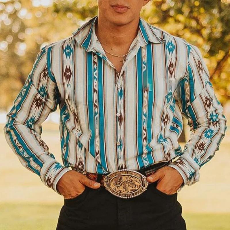 Men's Western Striped Shirt - Casual Long Sleeve