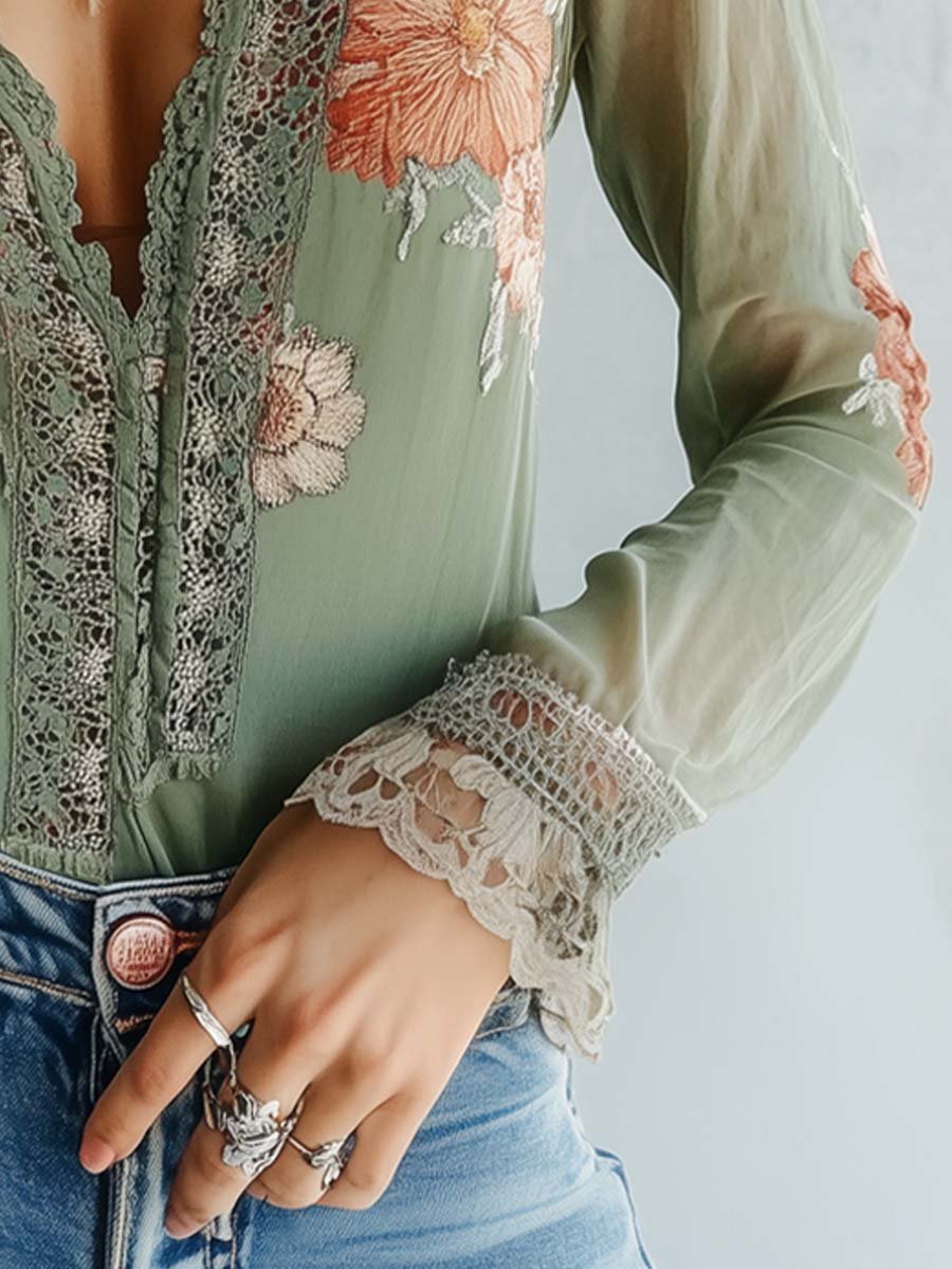 Bohemian Floral Lace Blouse for Women – Elegant Fitted V-Neck Top