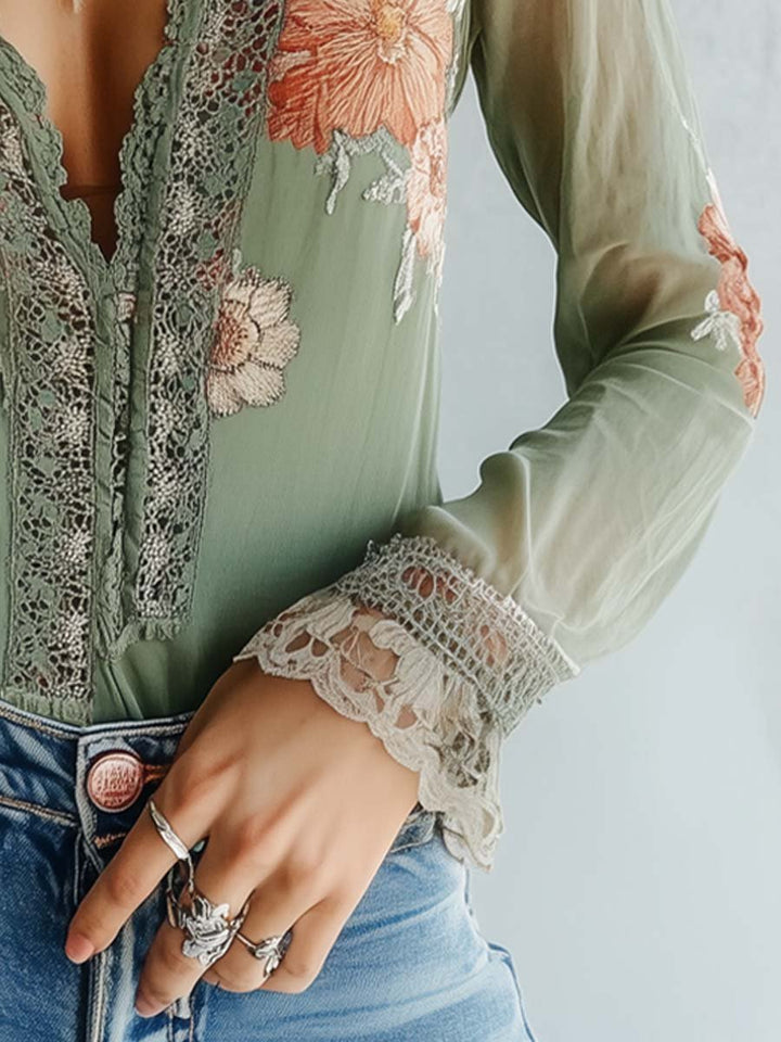 Bohemian Floral Lace Blouse for Women – Elegant Fitted V-Neck Top