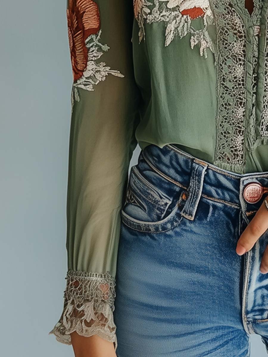 Bohemian Floral Lace Blouse for Women – Elegant Fitted V-Neck Top