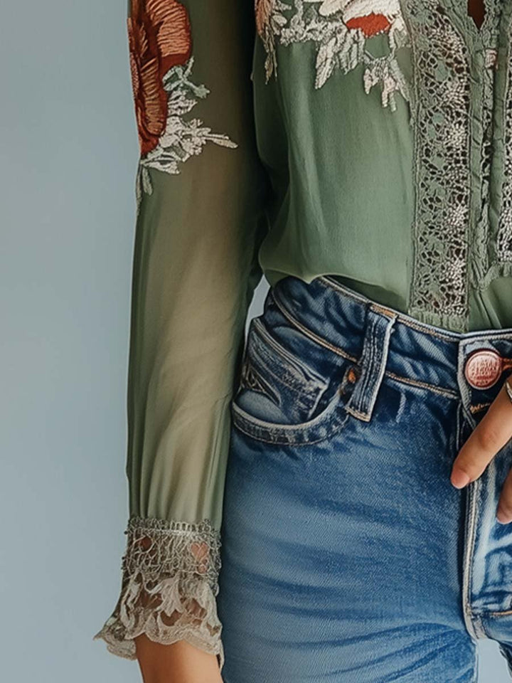 Bohemian Floral Lace Blouse for Women – Elegant Fitted V-Neck Top