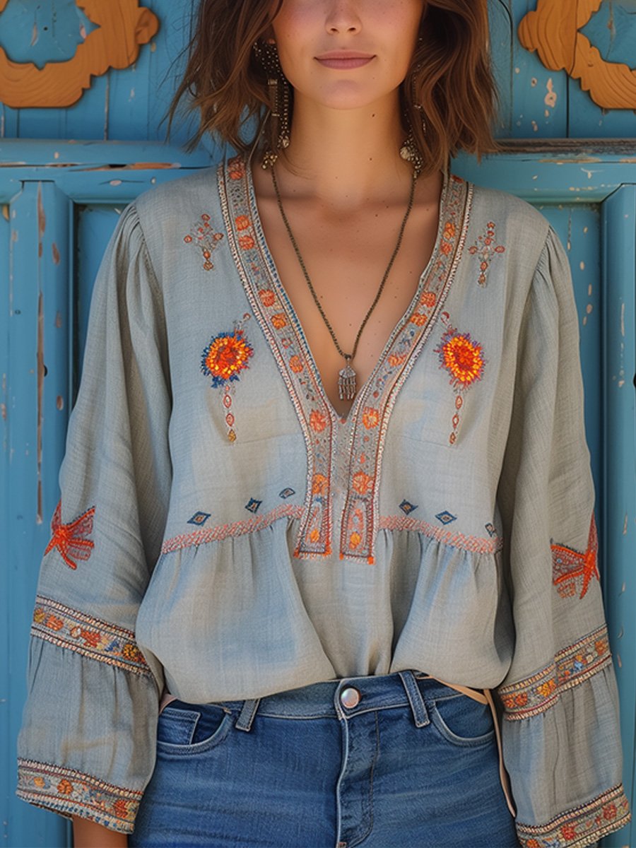 MADELINE – BOHO EMBROIDERED FLOWY BLOUSE