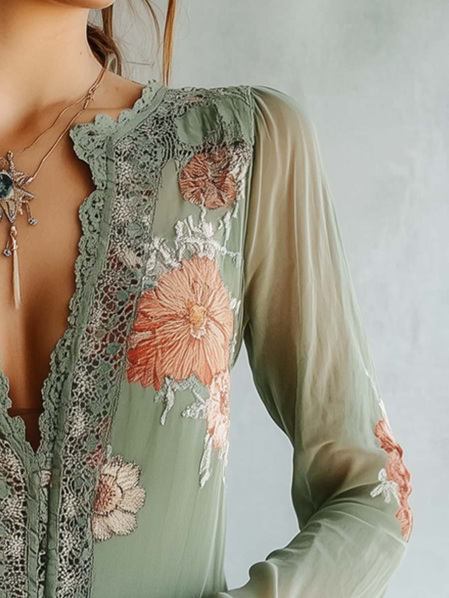 Bohemian Floral Lace Blouse for Women – Elegant Fitted V-Neck Top