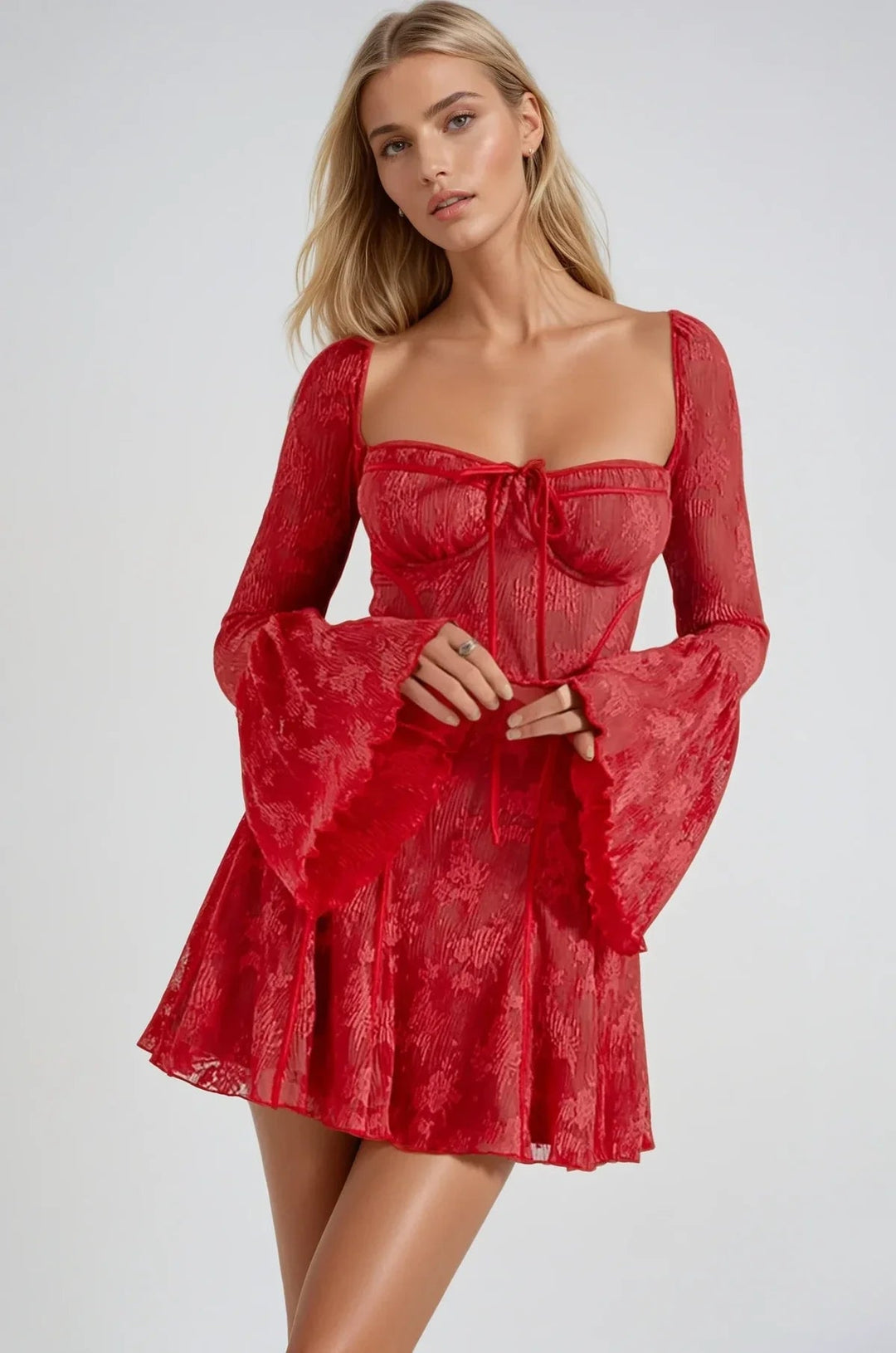 Dress Ladies Lace Illusion Romantic Long Sleeves Formal