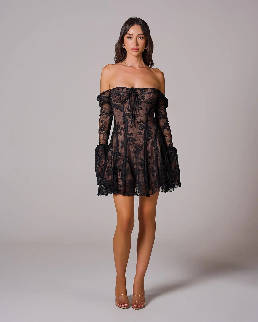 Dress Ladies Lace Illusion Romantic Long Sleeves Formal