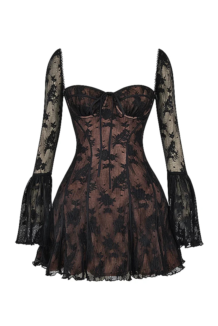 Dress Ladies Lace Illusion Romantic Long Sleeves Formal
