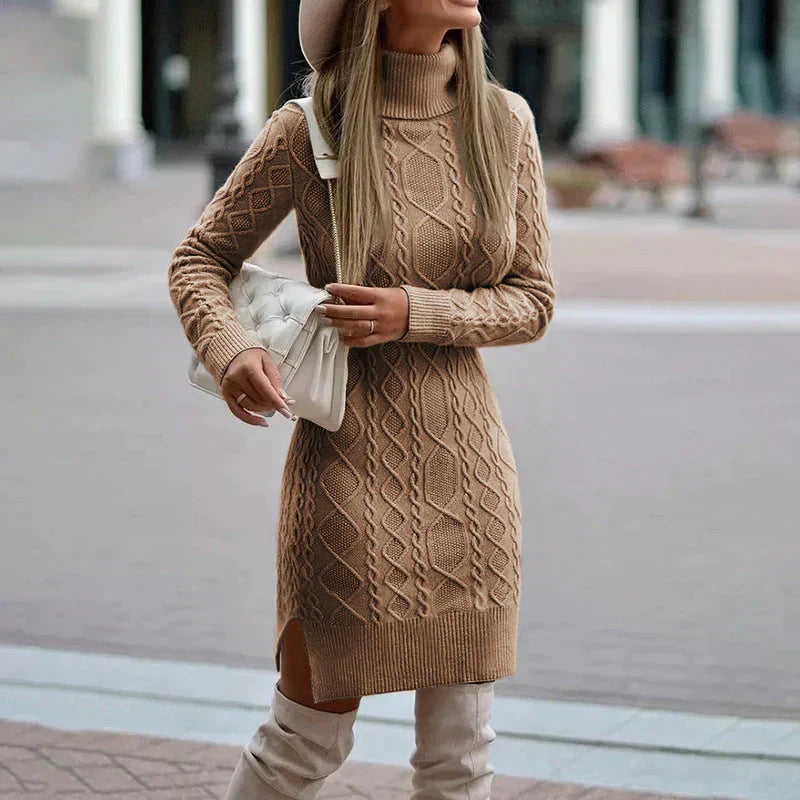 Cable Knit Sweater Dress for Women with Turtleneck