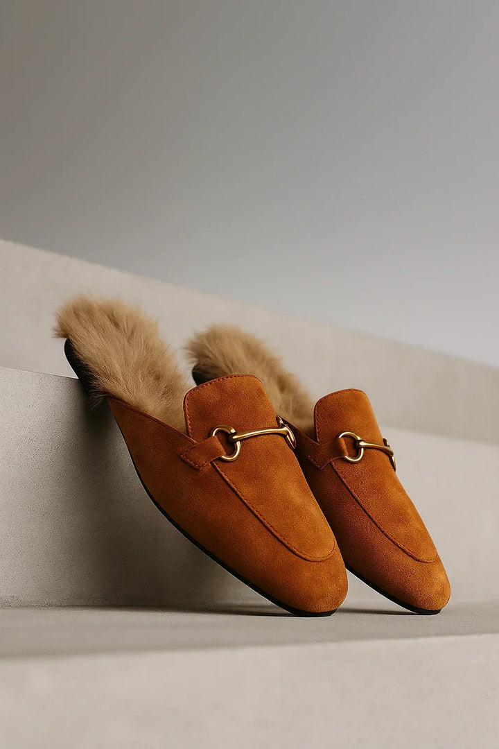 Ladies' Suede Mule Loafers with Fur Lining and Buckle