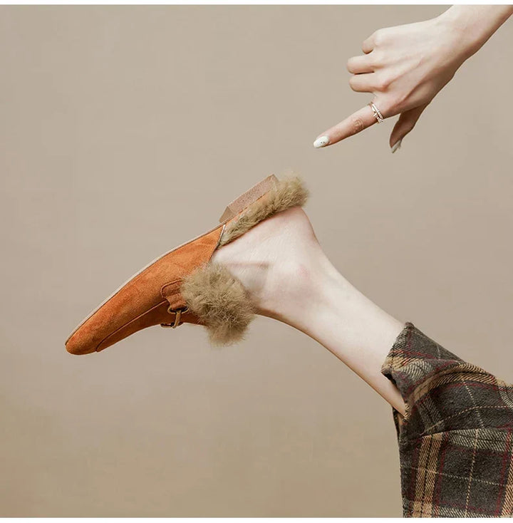 Ladies' Suede Mule Loafers with Fur Lining and Buckle
