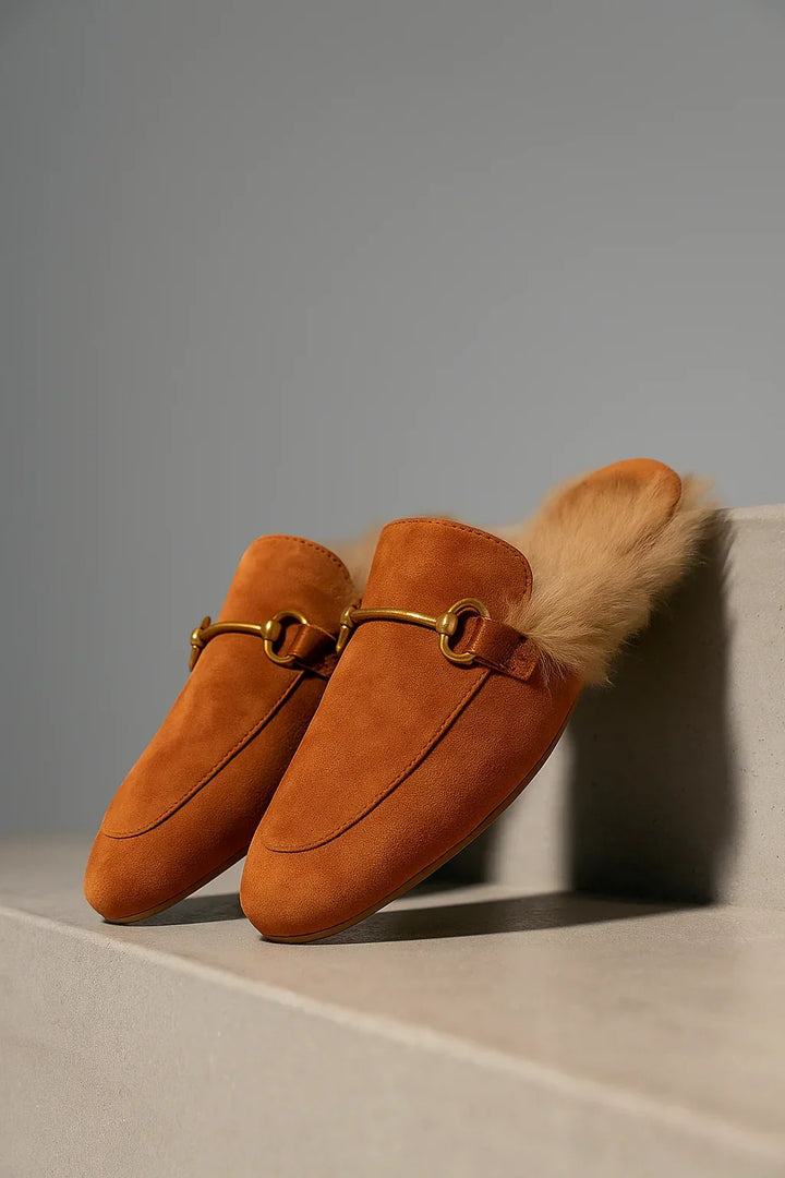 Ladies' Suede Mule Loafers with Fur Lining and Buckle
