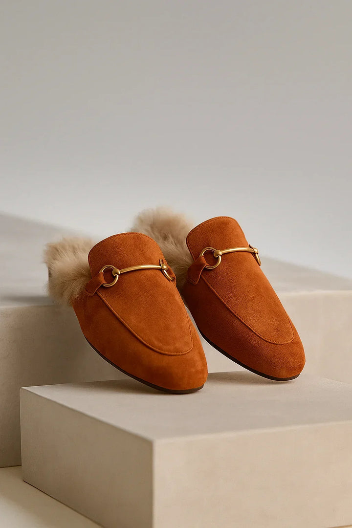 Ladies' Suede Mule Loafers with Fur Lining and Buckle