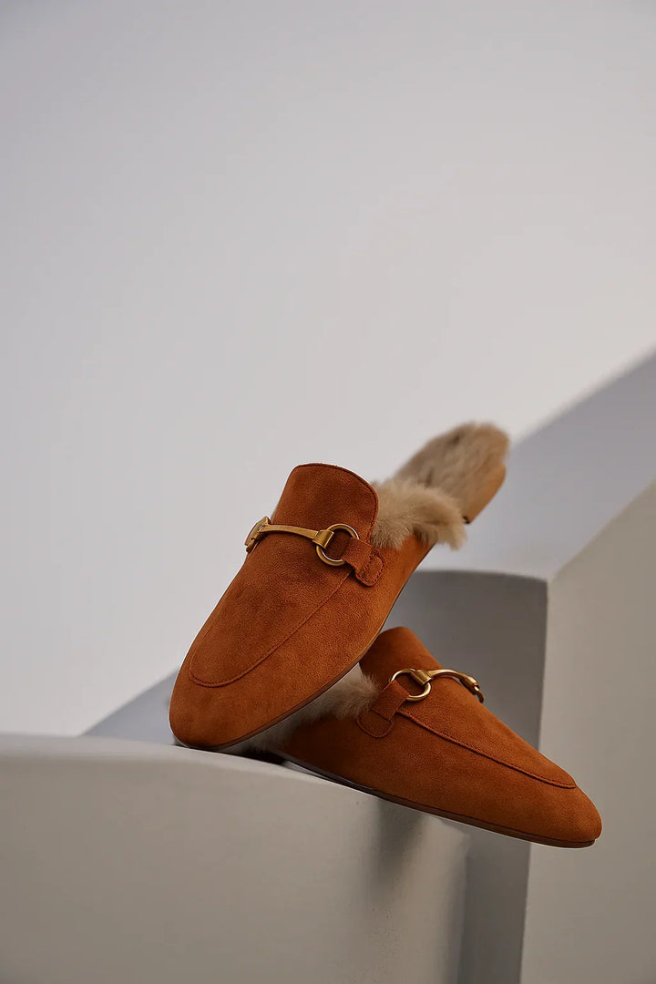 Ladies' Suede Mule Loafers with Fur Lining and Buckle
