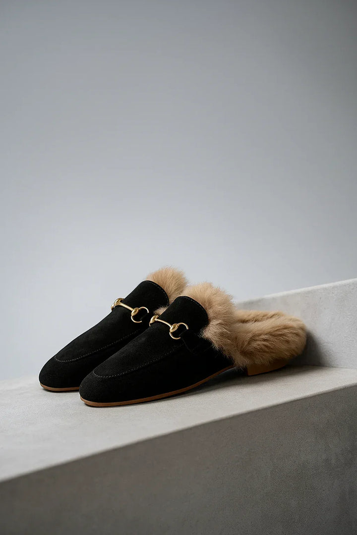 Ladies' Suede Mule Loafers with Fur Lining and Buckle
