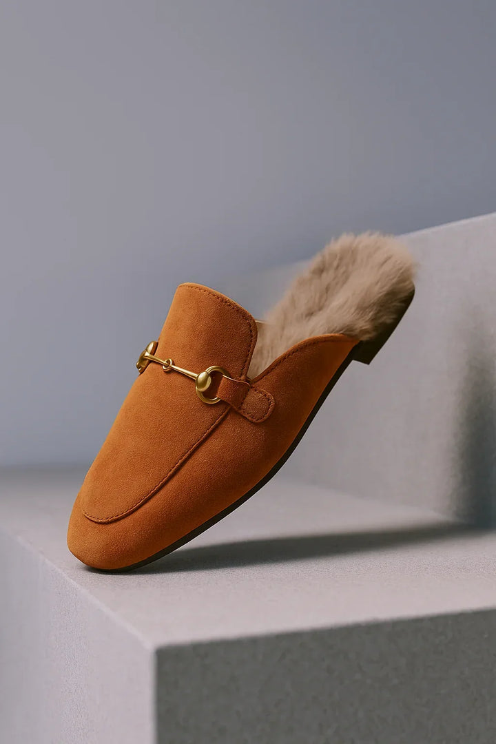 Ladies' Suede Mule Loafers with Fur Lining and Buckle