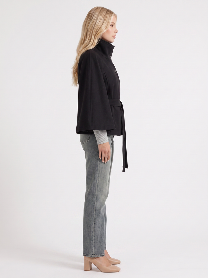 Belted Cape Jacket Stand Collar Autumn
