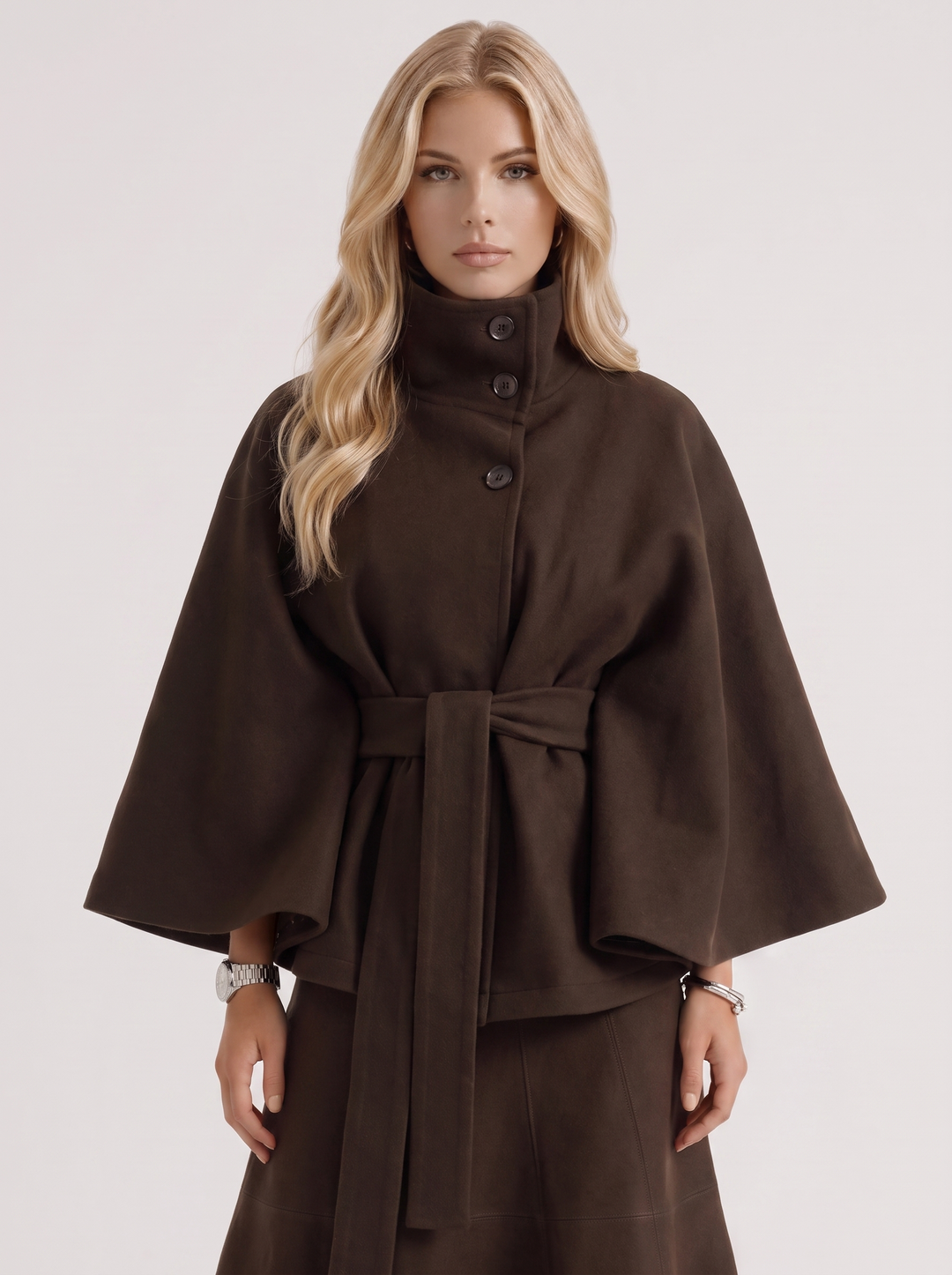 Belted Cape Jacket Stand Collar Autumn