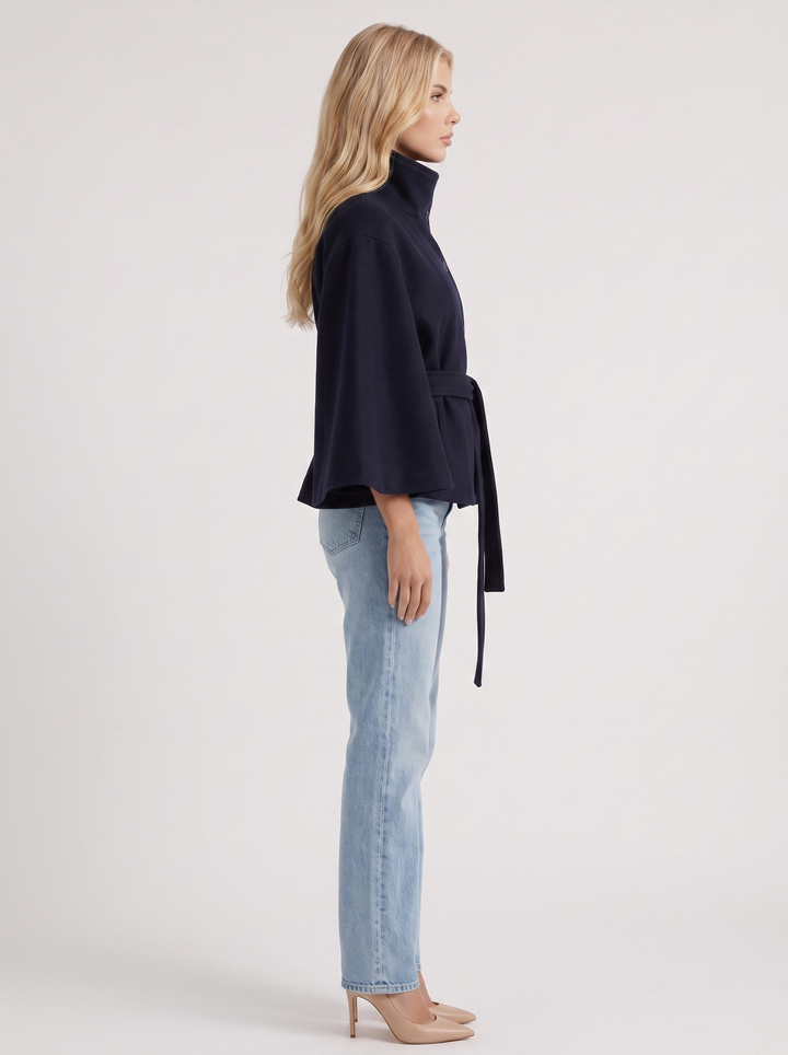 Belted Cape Jacket Stand Collar Autumn