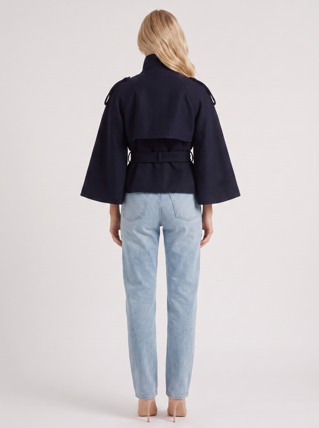 Belted Cape Jacket Stand Collar Autumn