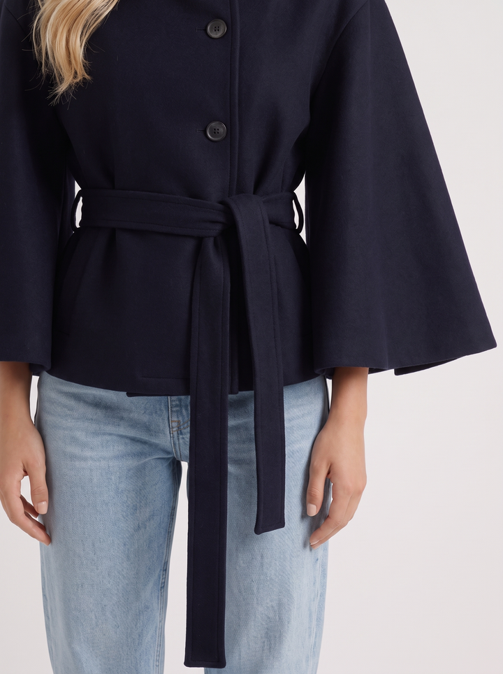 Belted Cape Jacket Stand Collar Autumn
