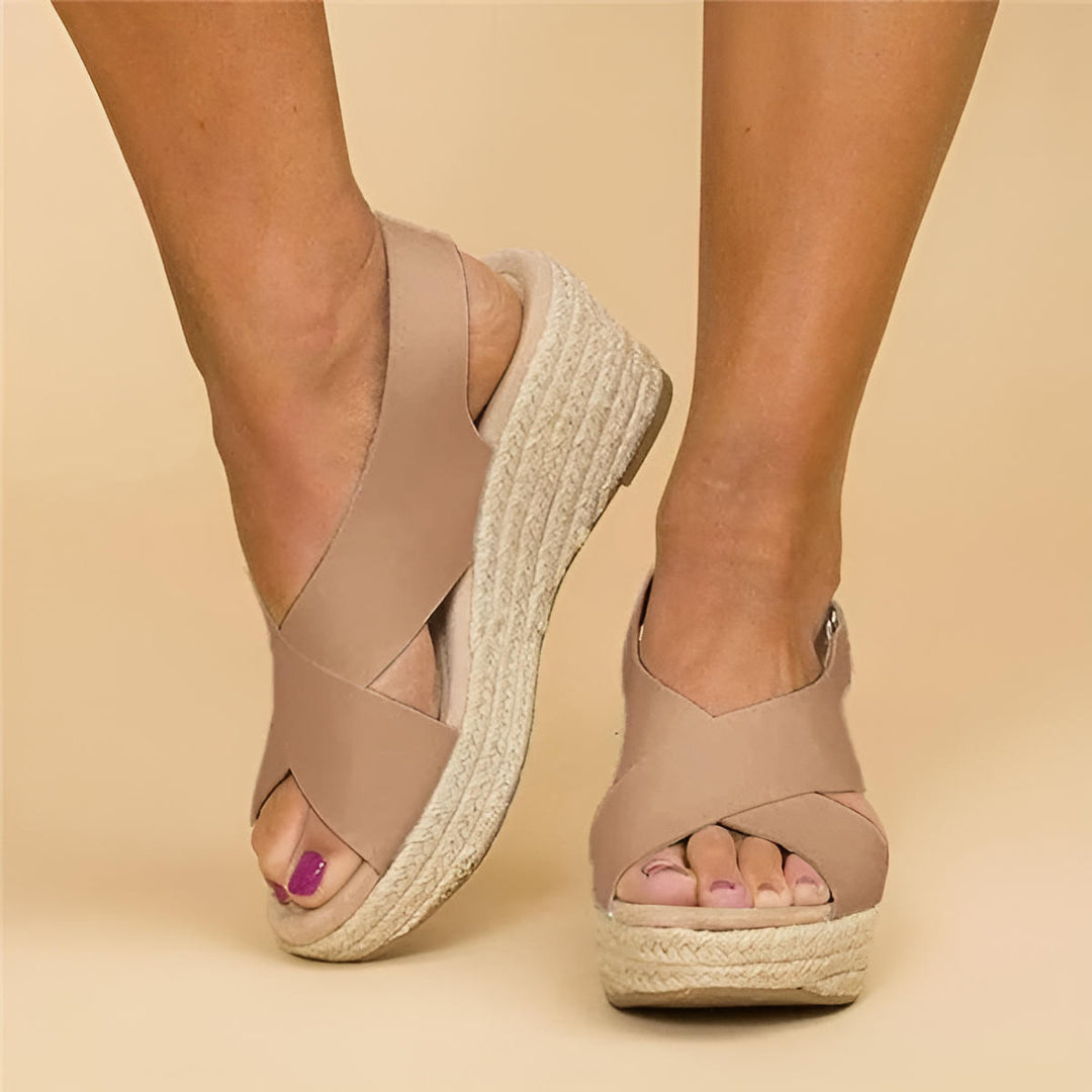 Beige open-toe orthopedic wedges with bohemian style design for women, featuring crystal accents and a comfortable sole.