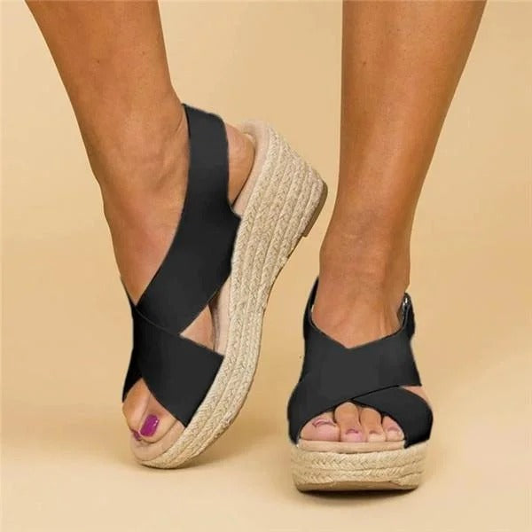 Black Annika orthopedic open-toe wedges by Emma & Rose Cape Town, side view of bohemian style sandals with crystal accents.