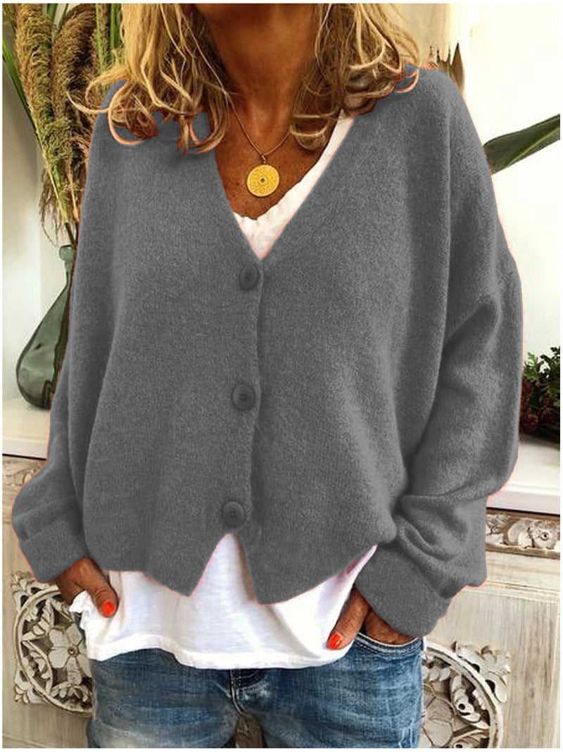 Cozy Knitted Cardigan with V-Neck and Button Closure for Women