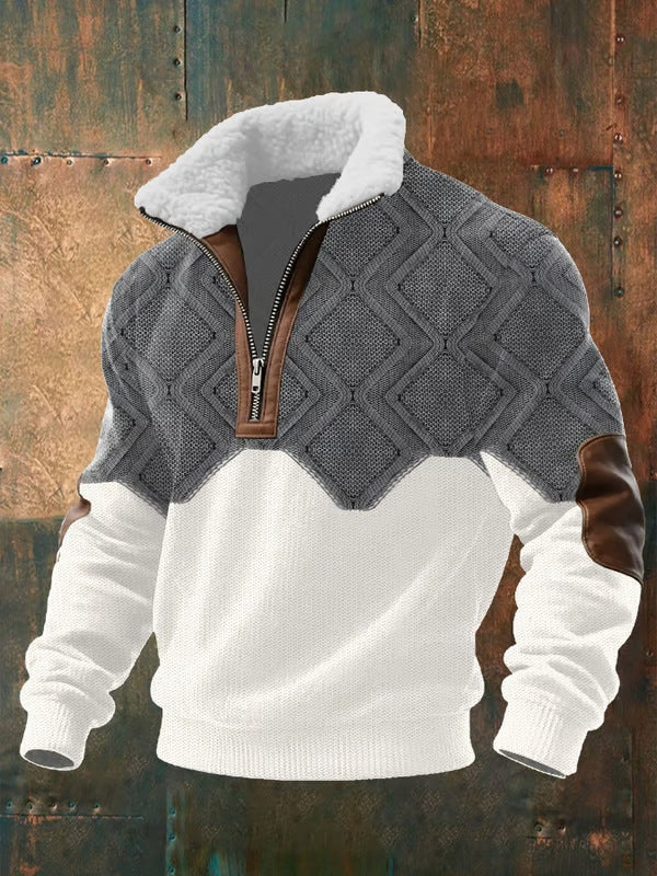 Cozy Men's Half-Zip Sweater with Teddy Collar and Cable Pattern