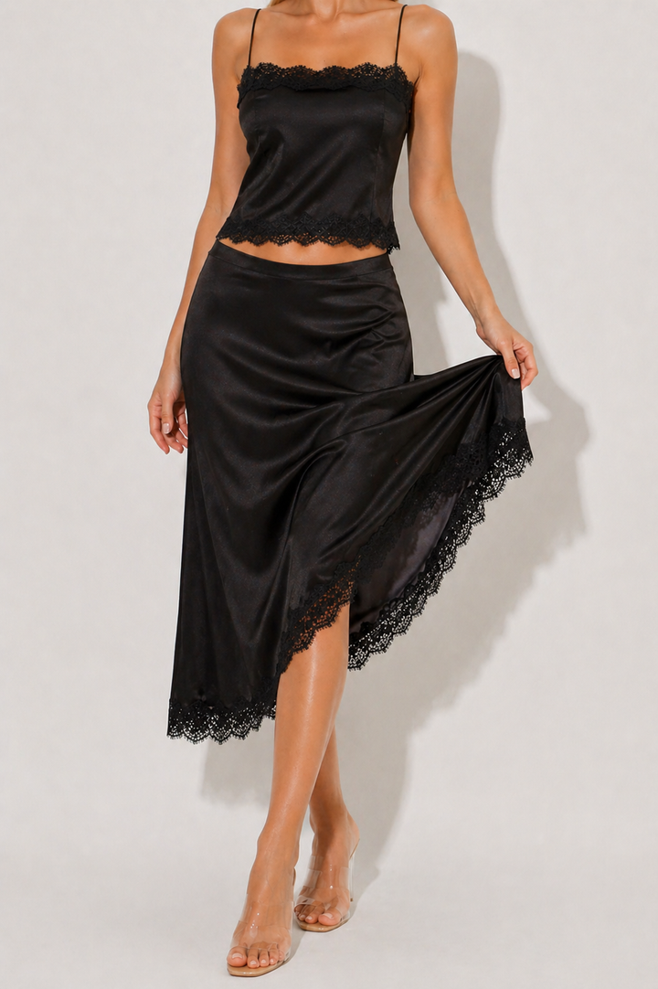 Black Satin Lace Cami Midi Set