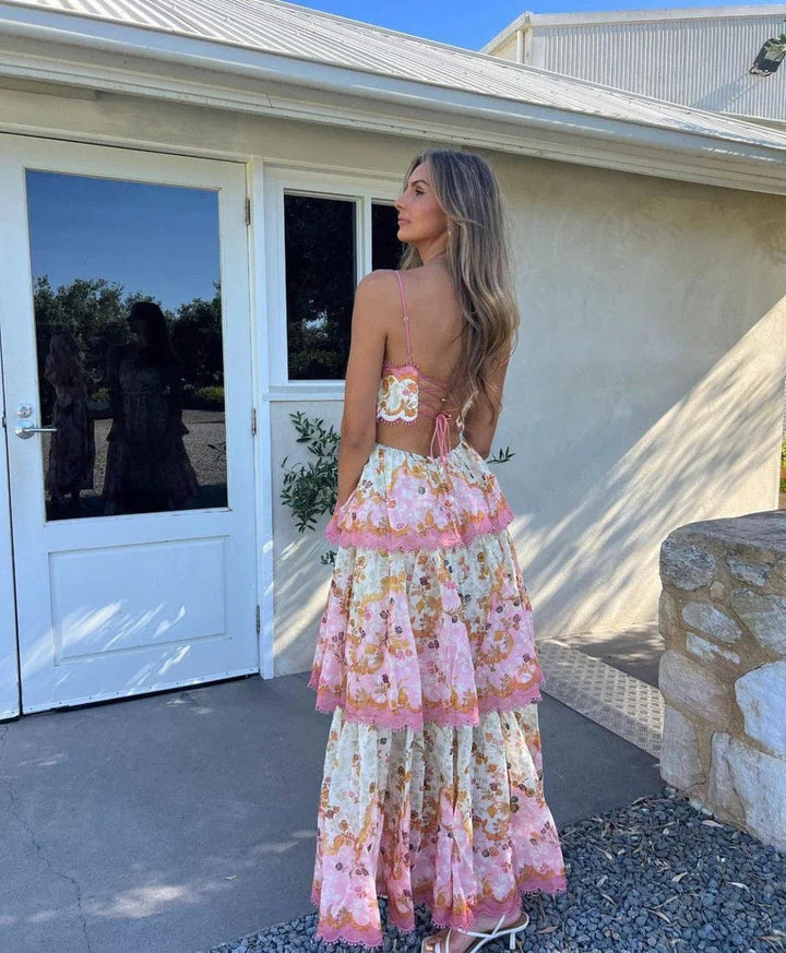 Long Bohemian Dress with Ruffles and Print