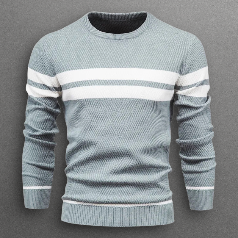 Men's Striped Sweater with Round Neck – Knitted Pullover with Ribbed Edges