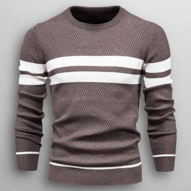 Men's Striped Sweater with Round Neck – Knitted Pullover with Ribbed Edges