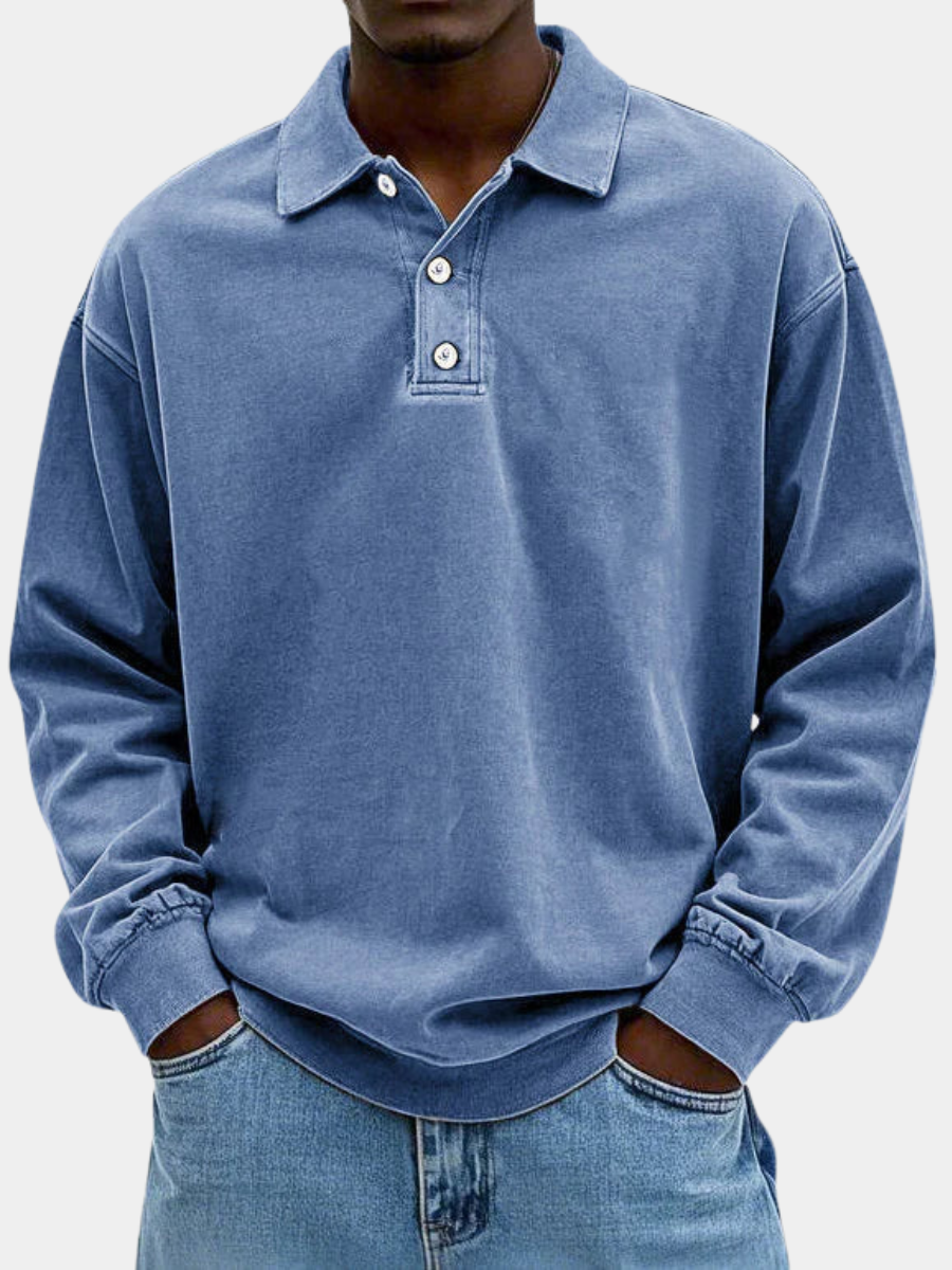 Men's Oversized Fit Sweater with Polo Collar – Knitted Pullover with Button Closure