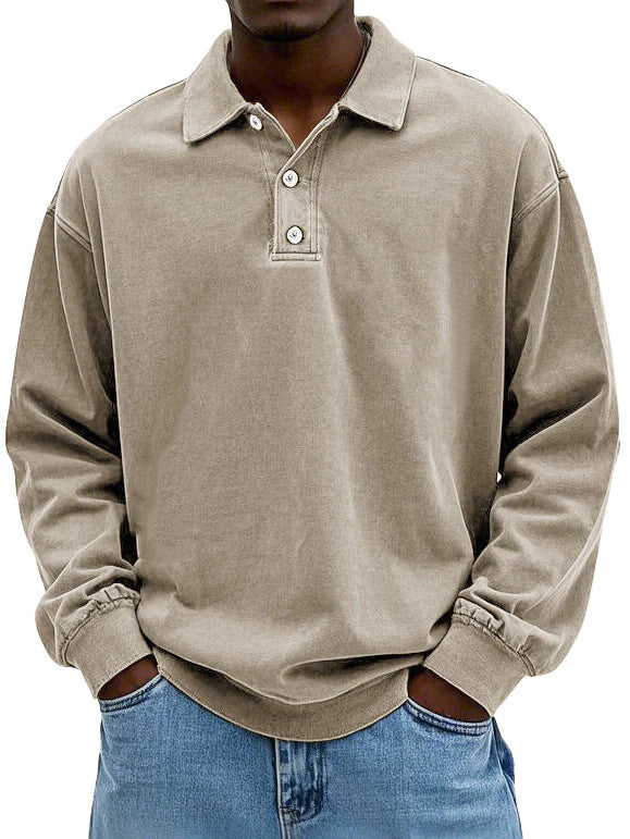 Men's Oversized Fit Sweater with Polo Collar – Knitted Pullover with Button Closure