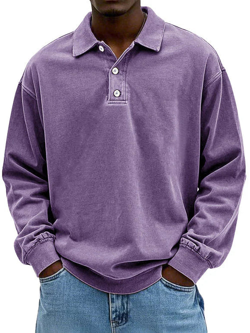 Men's Oversized Fit Sweater with Polo Collar – Knitted Pullover with Button Closure